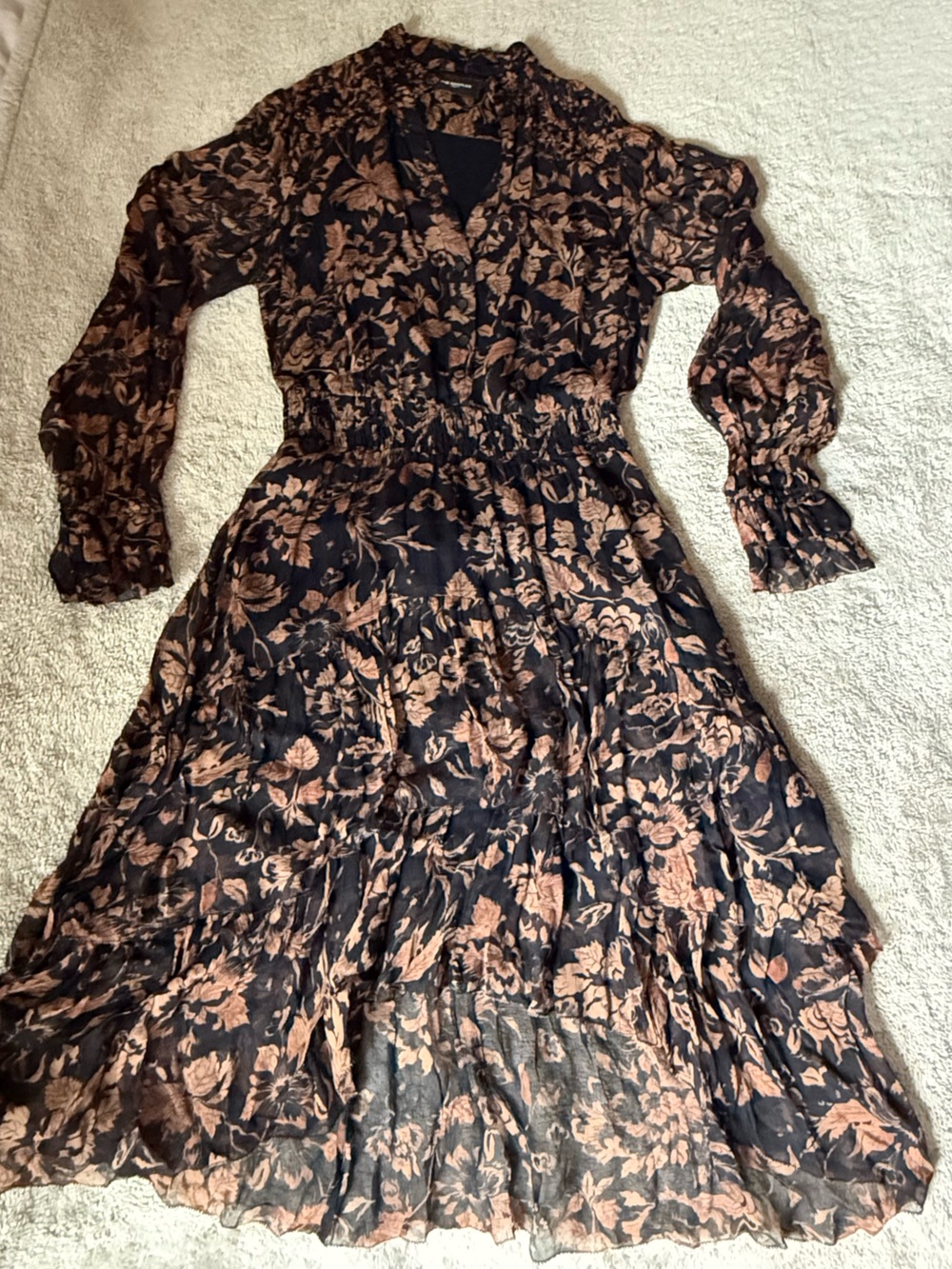 The Kooples Paris Black Dress with Brown Floral Print, Long Sleeve MISA sizeM
